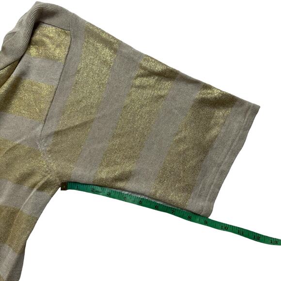 CHICOS Gold Tan Stripe Linen Blend Short Sleeve Relaxed Knit Top Size Large (2) - Picture 9 of 9